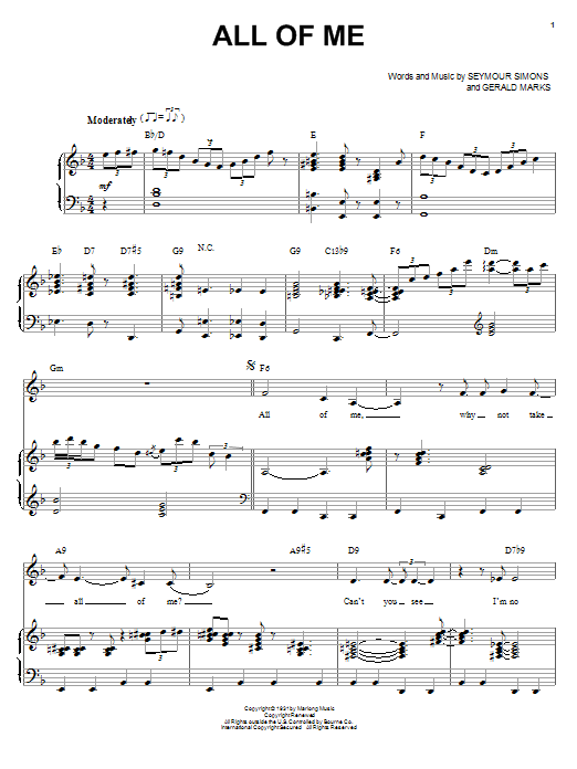 Preview Billie Holiday All Of Me Jazz sheet music, notes and chords for Piano, Vocal & Guitar (Right-Hand Melody), SKU: 25294 sheet music, piano notes, chords, guitar tabs, score, transpose, transcribe, how to play, guide, download, learn, tutorial, progression, song, artist, awards, billboard, mtv, vh1, tour, single, album, release