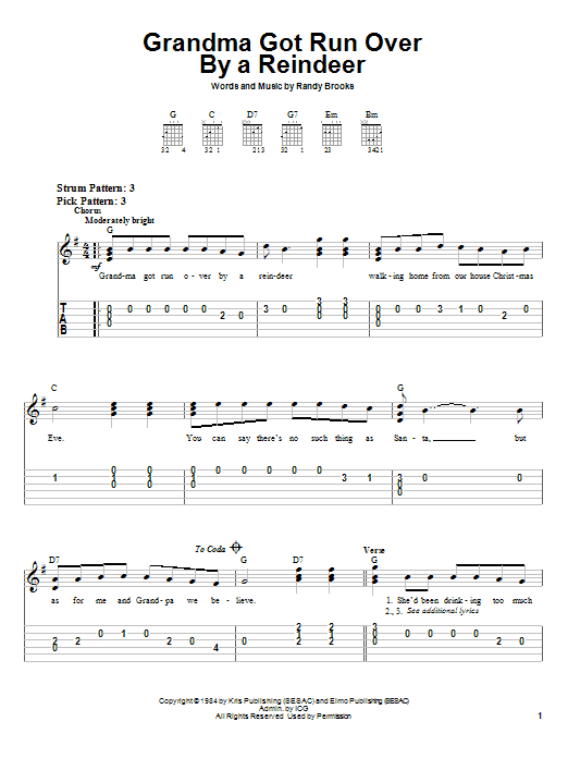 Preview Randy Brooks Grandma Got Run Over By A Reindeer Christmas sheet music, notes and chords for Easy Guitar Tab, SKU: 25296 sheet music, piano notes, chords, guitar tabs, score, transpose, transcribe, how to play, guide, download, learn, tutorial, progression, song, artist, awards, billboard, mtv, vh1, tour, single, album, release
