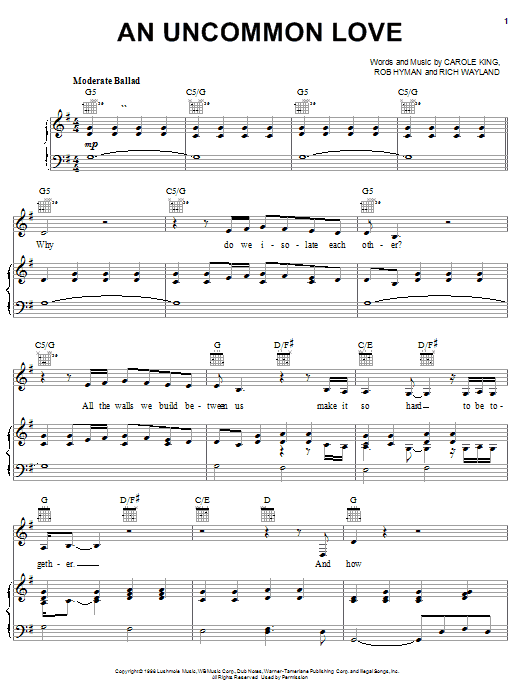 Preview Carole King An Uncommon Love Pop sheet music, notes and chords for Piano, Vocal & Guitar (Right-Hand Melody), SKU: 25310 sheet music, piano notes, chords, guitar tabs, score, transpose, transcribe, how to play, guide, download, learn, tutorial, progression, song, artist, awards, billboard, mtv, vh1, tour, single, album, release