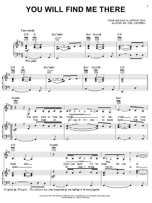 Preview Carole King You Will Find Me There Pop sheet music, notes and chords for Piano, Vocal & Guitar (Right-Hand Melody), SKU: 25311 sheet music, piano notes, chords, guitar tabs, score, transpose, transcribe, how to play, guide, download, learn, tutorial, progression, song, artist, awards, billboard, mtv, vh1, tour, single, album, release