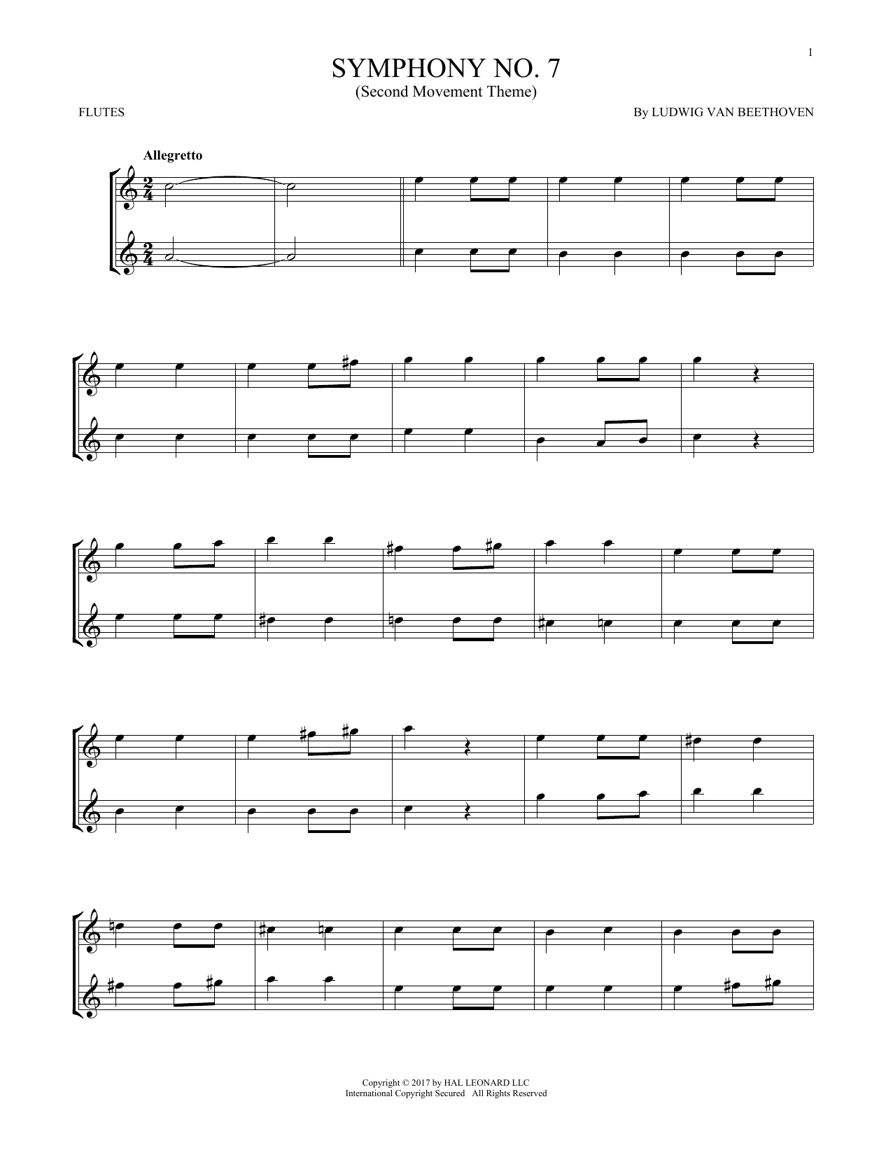Preview Ludwig van Beethoven Symphony No. 7 In A Major, Second Movement (Allegretto) Classical sheet music, notes and chords for Flute Duet, SKU: 253197 sheet music, piano notes, chords, guitar tabs, score, transpose, transcribe, how to play, guide, download, learn, tutorial, progression, song, artist, awards, billboard, mtv, vh1, tour, single, album, release