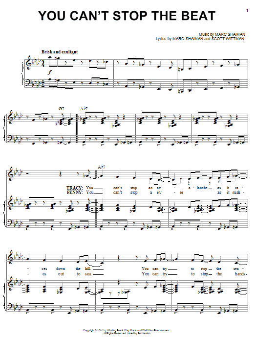 Preview Marc Shaiman You Can't Stop The Beat (from Hairspray) Pop sheet music, notes and chords for Piano, Vocal & Guitar (Right-Hand Melody), SKU: 25319 sheet music, piano notes, chords, guitar tabs, score, transpose, transcribe, how to play, guide, download, learn, tutorial, progression, song, artist, awards, billboard, mtv, vh1, tour, single, album, release