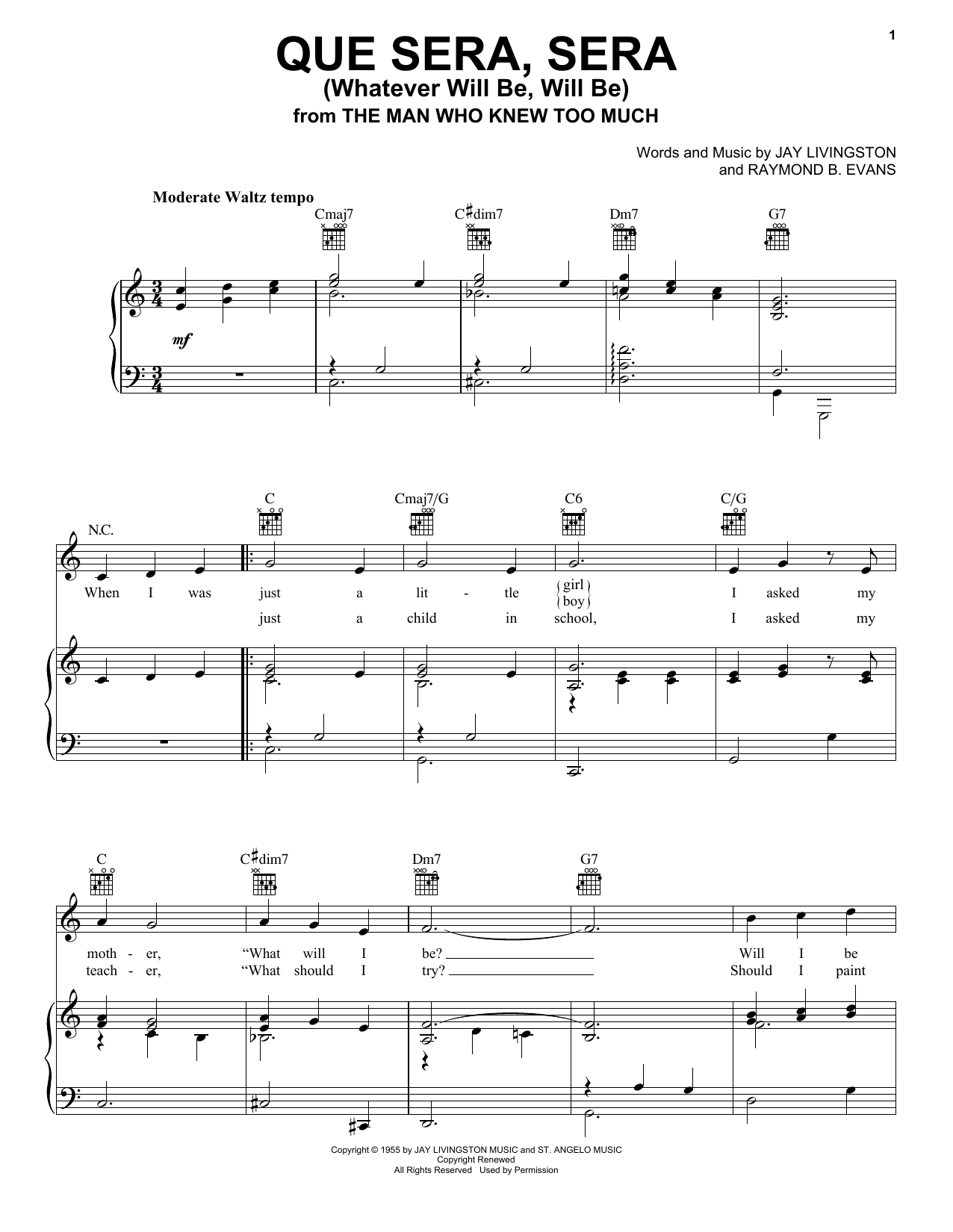 Preview Doris Day Que Sera, Sera (Whatever Will Be, Will Be) Film and TV sheet music, notes and chords for Piano, Vocal & Guitar (Right-Hand Melody), SKU: 25321 sheet music, piano notes, chords, guitar tabs, score, transpose, transcribe, how to play, guide, download, learn, tutorial, progression, song, artist, awards, billboard, mtv, vh1, tour, single, album, release