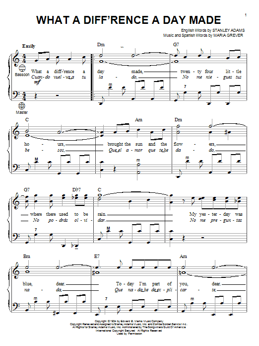 Preview Stanley Adams What A Diff'rence A Day Made Jazz sheet music, notes and chords for Easy Piano, SKU: 25322 sheet music, piano notes, chords, guitar tabs, score, transpose, transcribe, how to play, guide, download, learn, tutorial, progression, song, artist, awards, billboard, mtv, vh1, tour, single, album, release