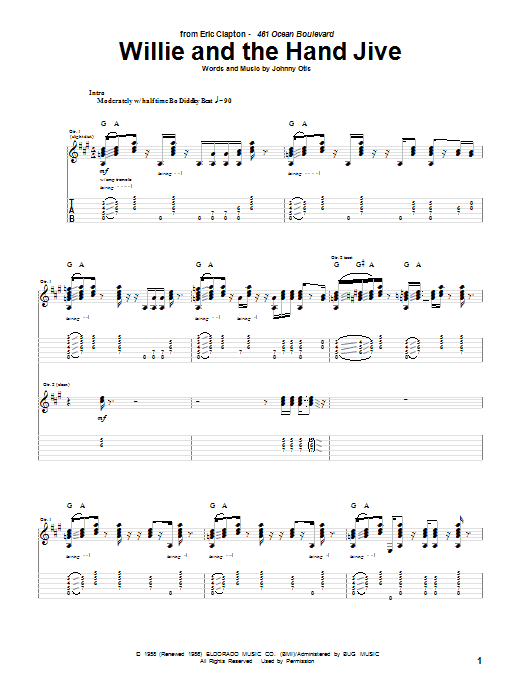 Preview Eric Clapton Willie And The Hand Jive Pop sheet music, notes and chords for Guitar Tab, SKU: 25325 sheet music, piano notes, chords, guitar tabs, score, transpose, transcribe, how to play, guide, download, learn, tutorial, progression, song, artist, awards, billboard, mtv, vh1, tour, single, album, release
