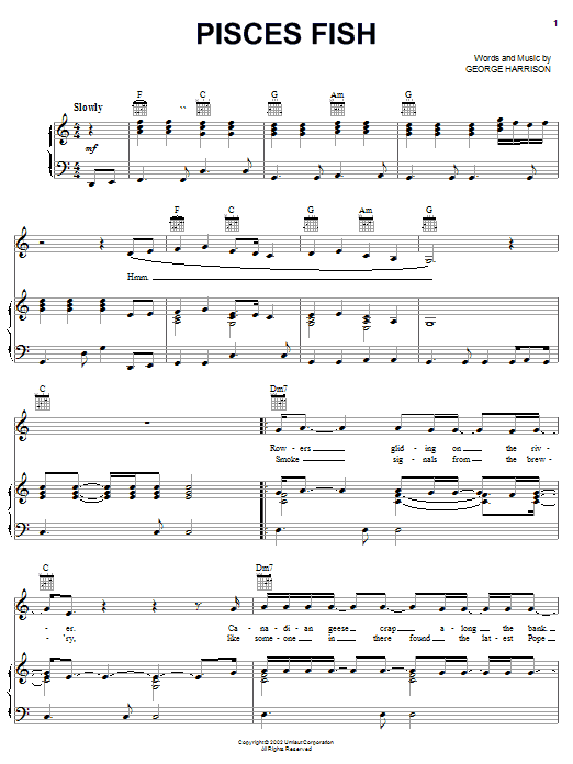 Preview George Harrison Pisces Fish Rock sheet music, notes and chords for Piano, Vocal & Guitar (Right-Hand Melody), SKU: 25329 sheet music, piano notes, chords, guitar tabs, score, transpose, transcribe, how to play, guide, download, learn, tutorial, progression, song, artist, awards, billboard, mtv, vh1, tour, single, album, release