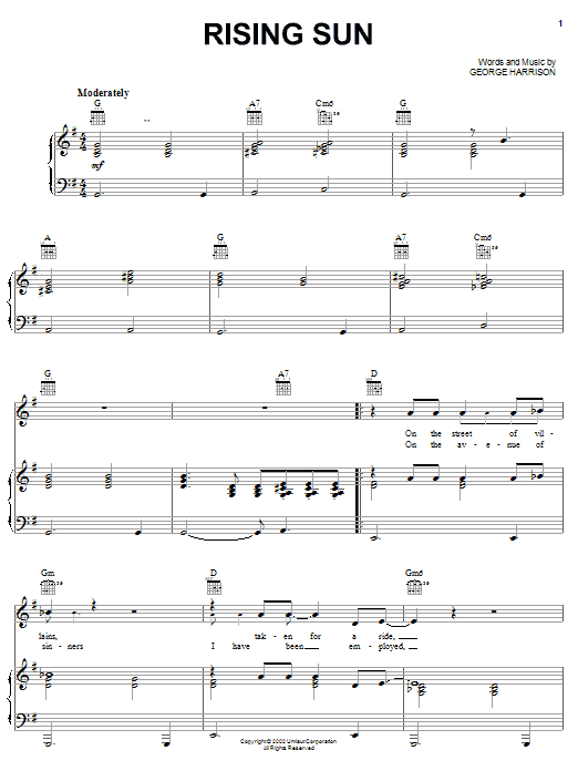 Preview George Harrison Rising Sun Rock sheet music, notes and chords for Piano, Vocal & Guitar (Right-Hand Melody), SKU: 25331 sheet music, piano notes, chords, guitar tabs, score, transpose, transcribe, how to play, guide, download, learn, tutorial, progression, song, artist, awards, billboard, mtv, vh1, tour, single, album, release