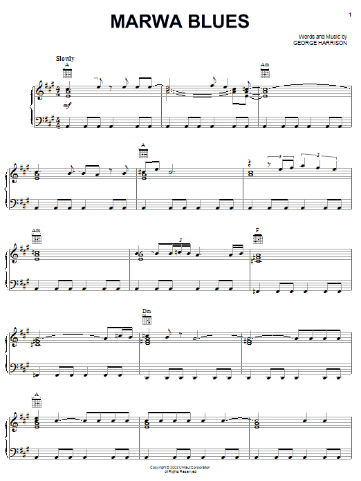 Preview George Harrison Marwa Blues Rock sheet music, notes and chords for Piano, Vocal & Guitar (Right-Hand Melody), SKU: 25332 sheet music, piano notes, chords, guitar tabs, score, transpose, transcribe, how to play, guide, download, learn, tutorial, progression, song, artist, awards, billboard, mtv, vh1, tour, single, album, release