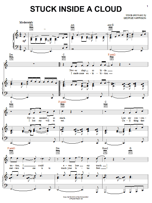 Preview George Harrison Stuck Inside A Cloud Rock sheet music, notes and chords for Piano, Vocal & Guitar (Right-Hand Melody), SKU: 25333 sheet music, piano notes, chords, guitar tabs, score, transpose, transcribe, how to play, guide, download, learn, tutorial, progression, song, artist, awards, billboard, mtv, vh1, tour, single, album, release