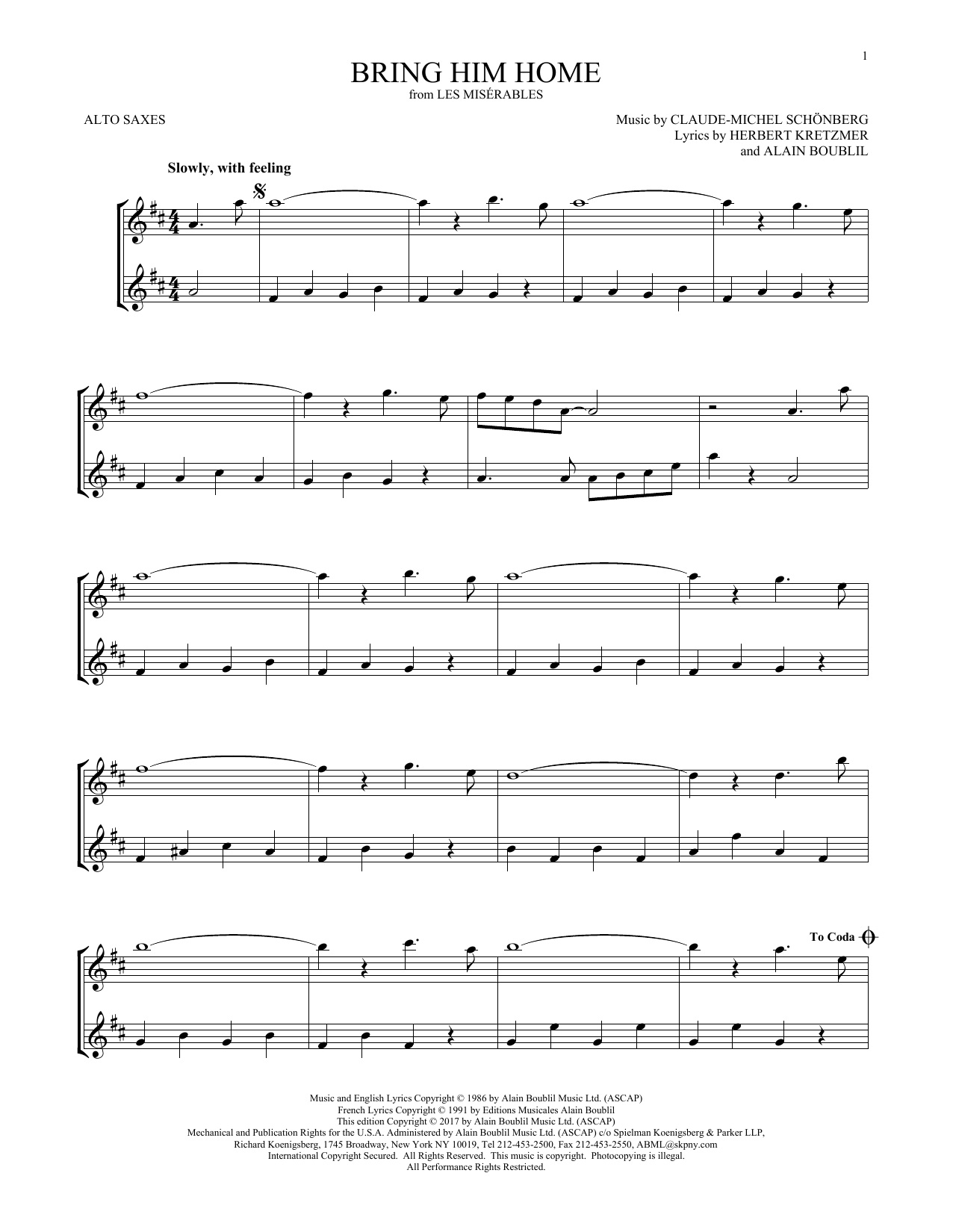 Preview Claude-Michel Schonberg Bring Him Home Broadway sheet music, notes and chords for Alto Saxophone Duet, SKU: 253388 sheet music, piano notes, chords, guitar tabs, score, transpose, transcribe, how to play, guide, download, learn, tutorial, progression, song, artist, awards, billboard, mtv, vh1, tour, single, album, release