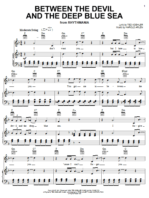 Preview André Previn Between The Devil And The Deep Blue Sea Jazz sheet music, notes and chords for Piano, Vocal & Guitar (Right-Hand Melody), SKU: 25338 sheet music, piano notes, chords, guitar tabs, score, transpose, transcribe, how to play, guide, download, learn, tutorial, progression, song, artist, awards, billboard, mtv, vh1, tour, single, album, release