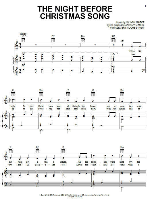 Preview Johnny Marks The Night Before Christmas Song Children sheet music, notes and chords for Piano, Vocal & Guitar (Right-Hand Melody), SKU: 25339 sheet music, piano notes, chords, guitar tabs, score, transpose, transcribe, how to play, guide, download, learn, tutorial, progression, song, artist, awards, billboard, mtv, vh1, tour, single, album, release