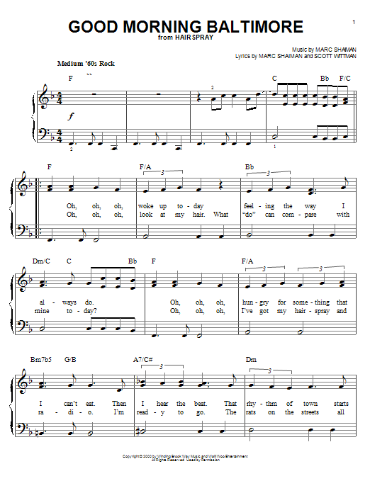 Preview Marc Shaiman Good Morning Baltimore Musicals sheet music, notes and chords for Easy Piano, SKU: 25340 sheet music, piano notes, chords, guitar tabs, score, transpose, transcribe, how to play, guide, download, learn, tutorial, progression, song, artist, awards, billboard, mtv, vh1, tour, single, album, release