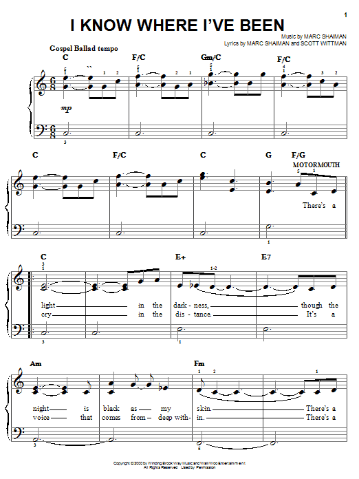 Preview Marc Shaiman I Know Where I've Been (from Hairspray) Musicals sheet music, notes and chords for Easy Piano, SKU: 25343 sheet music, piano notes, chords, guitar tabs, score, transpose, transcribe, how to play, guide, download, learn, tutorial, progression, song, artist, awards, billboard, mtv, vh1, tour, single, album, release