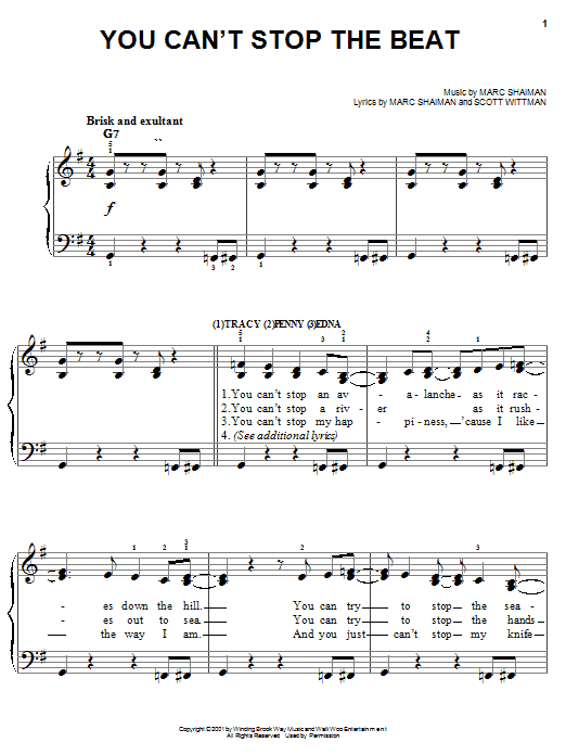 Preview Marc Shaiman You Can't Stop The Beat (from Hairspray) Pop sheet music, notes and chords for Easy Piano, SKU: 25344 sheet music, piano notes, chords, guitar tabs, score, transpose, transcribe, how to play, guide, download, learn, tutorial, progression, song, artist, awards, billboard, mtv, vh1, tour, single, album, release