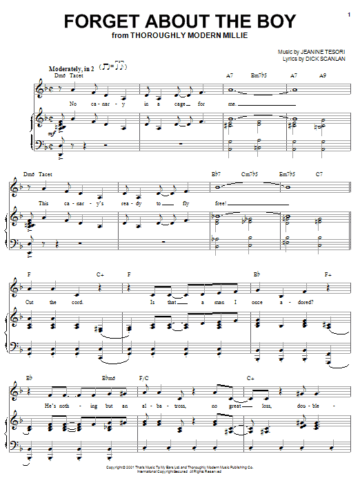 Preview Dick Scanlan Forget About The Boy (from Thoroughly Modern Millie) Musicals sheet music, notes and chords for Piano, Vocal & Guitar (Right-Hand Melody), SKU: 25345 sheet music, piano notes, chords, guitar tabs, score, transpose, transcribe, how to play, guide, download, learn, tutorial, progression, song, artist, awards, billboard, mtv, vh1, tour, single, album, release