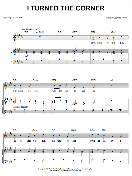 Preview Dick Scanlan I Turned The Corner (from Thoroughly Modern Millie) Musicals sheet music, notes and chords for Piano, Vocal & Guitar (Right-Hand Melody), SKU: 25347 sheet music, piano notes, chords, guitar tabs, score, transpose, transcribe, how to play, guide, download, learn, tutorial, progression, song, artist, awards, billboard, mtv, vh1, tour, single, album, release