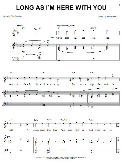 Preview Dick Scanlan Long As I'm Here With You (from Thoroughly Modern Millie) Musicals sheet music, notes and chords for Piano, Vocal & Guitar (Right-Hand Melody), SKU: 25348 sheet music, piano notes, chords, guitar tabs, score, transpose, transcribe, how to play, guide, download, learn, tutorial, progression, song, artist, awards, billboard, mtv, vh1, tour, single, album, release