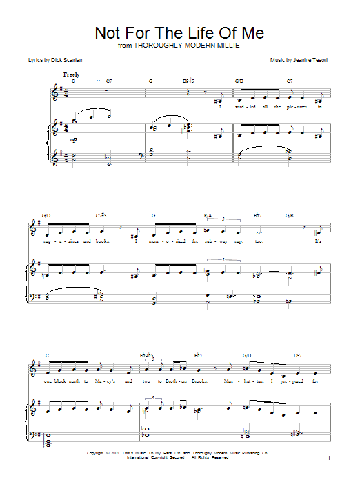 Preview Dick Scanlan Not For The Life Of Me (from Thoroughly Modern Millie) Musicals sheet music, notes and chords for Piano, Vocal & Guitar (Right-Hand Melody), SKU: 25349 sheet music, piano notes, chords, guitar tabs, score, transpose, transcribe, how to play, guide, download, learn, tutorial, progression, song, artist, awards, billboard, mtv, vh1, tour, single, album, release