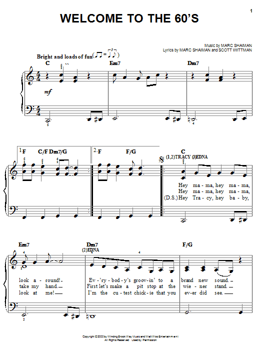 Preview Marc Shaiman Welcome To The 60's (from Hairspray) Musicals sheet music, notes and chords for Easy Piano, SKU: 25360 sheet music, piano notes, chords, guitar tabs, score, transpose, transcribe, how to play, guide, download, learn, tutorial, progression, song, artist, awards, billboard, mtv, vh1, tour, single, album, release