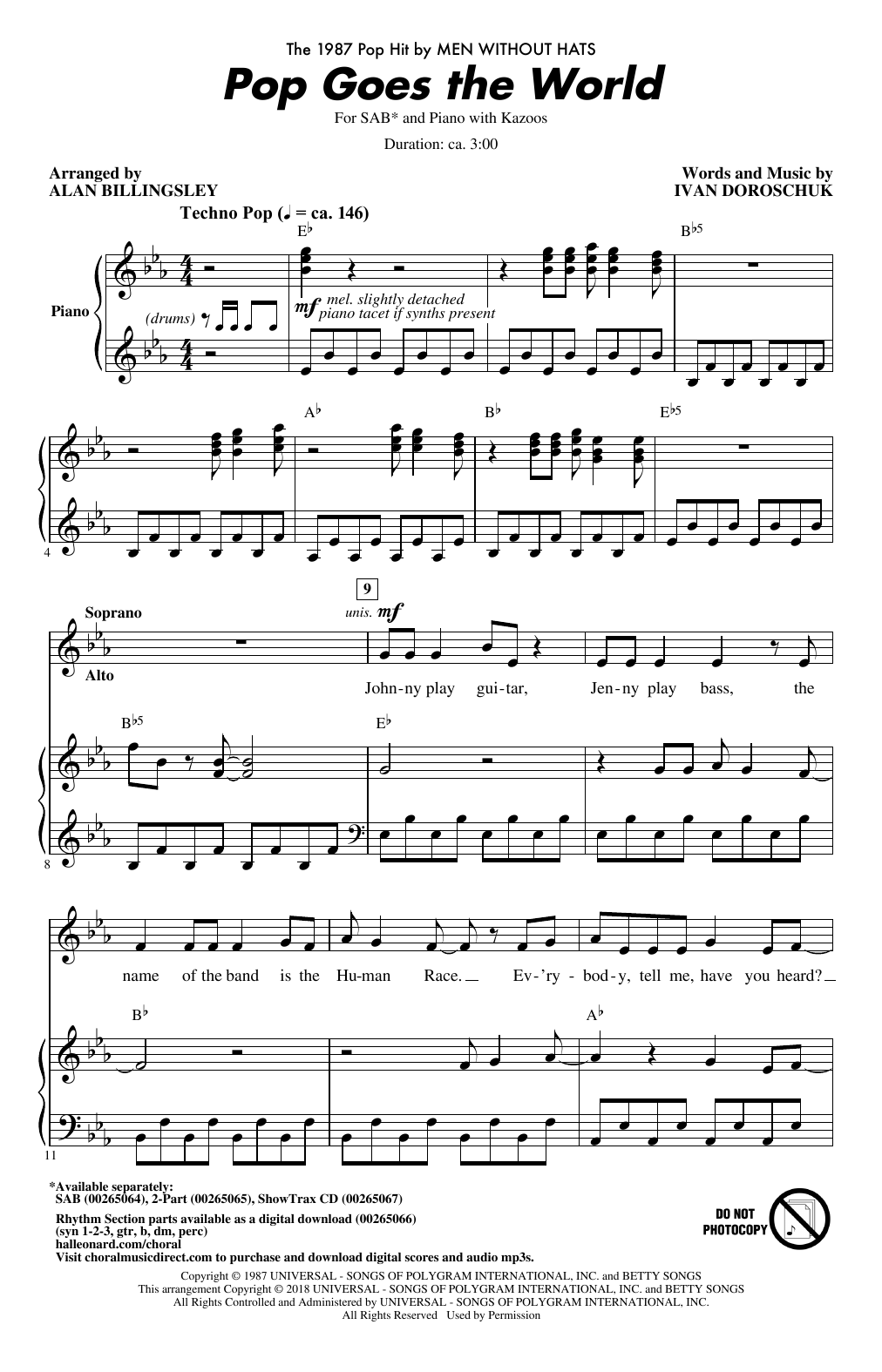 Preview Alan Billingsley Pop Goes The World Pop sheet music, notes and chords for SAB, SKU: 253625 sheet music, piano notes, chords, guitar tabs, score, transpose, transcribe, how to play, guide, download, learn, tutorial, progression, song, artist, awards, billboard, mtv, vh1, tour, single, album, release