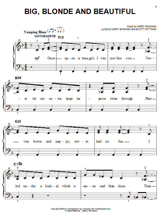 Preview Marc Shaiman Big, Blonde And Beautiful (from Hairspray) Musicals sheet music, notes and chords for Easy Piano, SKU: 25362 sheet music, piano notes, chords, guitar tabs, score, transpose, transcribe, how to play, guide, download, learn, tutorial, progression, song, artist, awards, billboard, mtv, vh1, tour, single, album, release