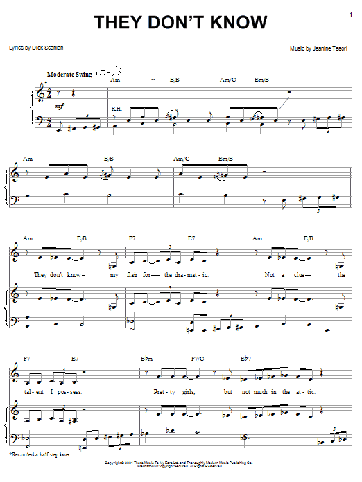 Preview Dick Scanlan They Don't Know (from Thoroughly Modern Millie) Musicals sheet music, notes and chords for Piano, Vocal & Guitar (Right-Hand Melody), SKU: 25366 sheet music, piano notes, chords, guitar tabs, score, transpose, transcribe, how to play, guide, download, learn, tutorial, progression, song, artist, awards, billboard, mtv, vh1, tour, single, album, release