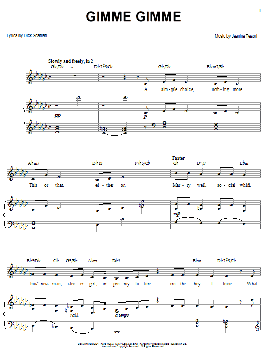 Preview Dick Scanlan Gimme Gimme (from Thoroughly Modern Millie) Musicals sheet music, notes and chords for Piano, Vocal & Guitar (Right-Hand Melody), SKU: 25368 sheet music, piano notes, chords, guitar tabs, score, transpose, transcribe, how to play, guide, download, learn, tutorial, progression, song, artist, awards, billboard, mtv, vh1, tour, single, album, release