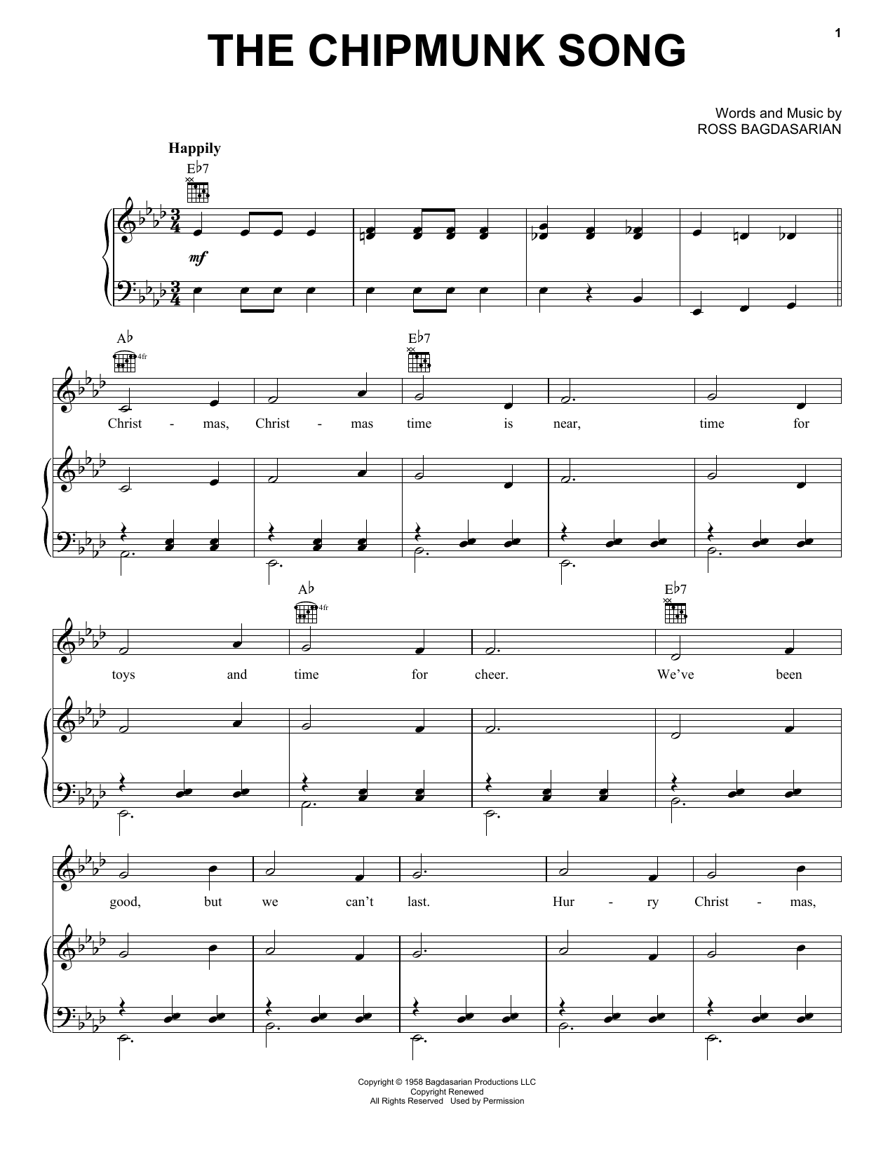 Preview Alvin And The Chipmunks The Chipmunk Song Film and TV sheet music, notes and chords for Piano, Vocal & Guitar (Right-Hand Melody), SKU: 25369 sheet music, piano notes, chords, guitar tabs, score, transpose, transcribe, how to play, guide, download, learn, tutorial, progression, song, artist, awards, billboard, mtv, vh1, tour, single, album, release