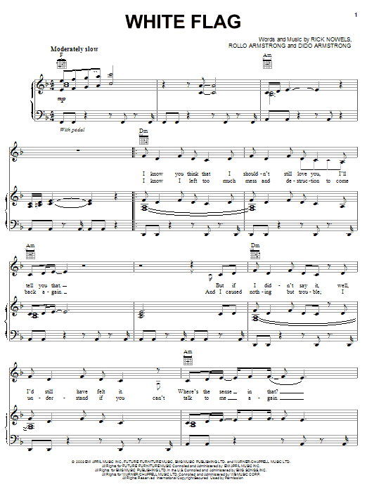 Preview Dido White Flag Pop sheet music, notes and chords for Piano, Vocal & Guitar (Right-Hand Melody), SKU: 25378 sheet music, piano notes, chords, guitar tabs, score, transpose, transcribe, how to play, guide, download, learn, tutorial, progression, song, artist, awards, billboard, mtv, vh1, tour, single, album, release