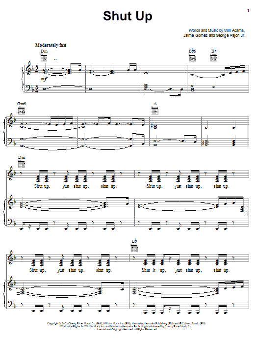 Preview The Black Eyed Peas Shut Up Pop sheet music, notes and chords for Piano, Vocal & Guitar (Right-Hand Melody), SKU: 25379 sheet music, piano notes, chords, guitar tabs, score, transpose, transcribe, how to play, guide, download, learn, tutorial, progression, song, artist, awards, billboard, mtv, vh1, tour, single, album, release