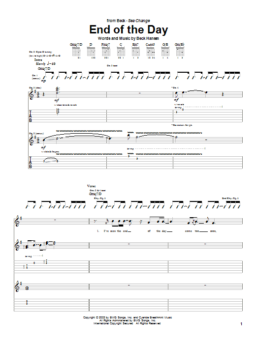 Preview Beck End Of The Day Rock sheet music, notes and chords for Guitar Tab, SKU: 25381 sheet music, piano notes, chords, guitar tabs, score, transpose, transcribe, how to play, guide, download, learn, tutorial, progression, song, artist, awards, billboard, mtv, vh1, tour, single, album, release