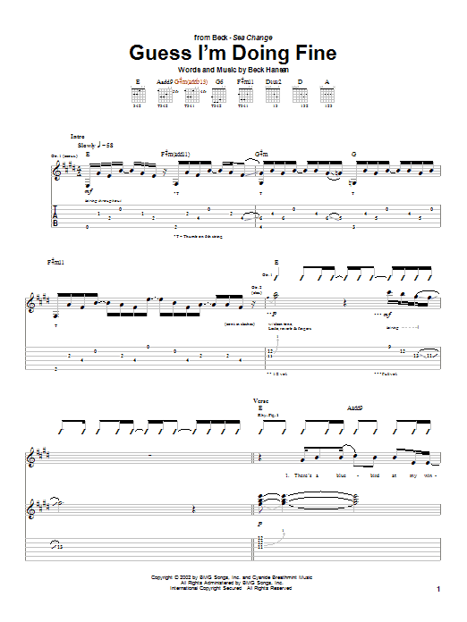 Preview Beck Guess I'm Doing Fine Rock sheet music, notes and chords for Guitar Tab, SKU: 25382 sheet music, piano notes, chords, guitar tabs, score, transpose, transcribe, how to play, guide, download, learn, tutorial, progression, song, artist, awards, billboard, mtv, vh1, tour, single, album, release