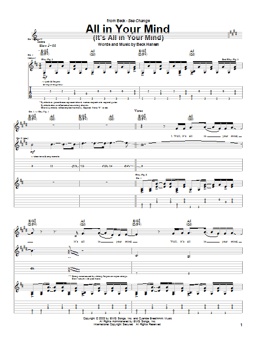 Preview Beck All In Your Mind (It's All In Your Mind) Rock sheet music, notes and chords for Guitar Tab, SKU: 25383 sheet music, piano notes, chords, guitar tabs, score, transpose, transcribe, how to play, guide, download, learn, tutorial, progression, song, artist, awards, billboard, mtv, vh1, tour, single, album, release