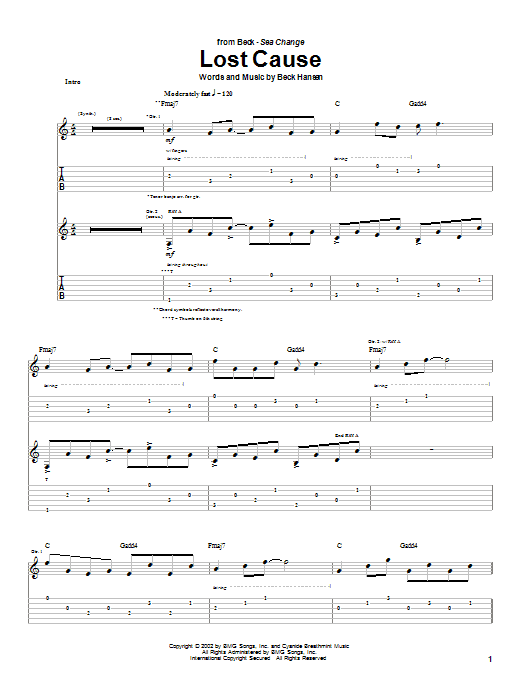Preview Beck Lost Cause Rock sheet music, notes and chords for Guitar Tab, SKU: 25386 sheet music, piano notes, chords, guitar tabs, score, transpose, transcribe, how to play, guide, download, learn, tutorial, progression, song, artist, awards, billboard, mtv, vh1, tour, single, album, release