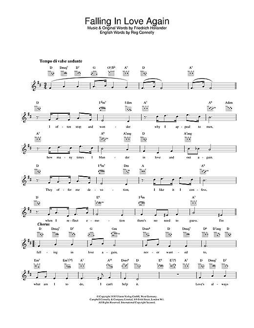 Preview Marlene Dietrich Falling In Love Again Musicals sheet music, notes and chords for Melody Line, Lyrics & Chords, SKU: 25392 sheet music, piano notes, chords, guitar tabs, score, transpose, transcribe, how to play, guide, download, learn, tutorial, progression, song, artist, awards, billboard, mtv, vh1, tour, single, album, release