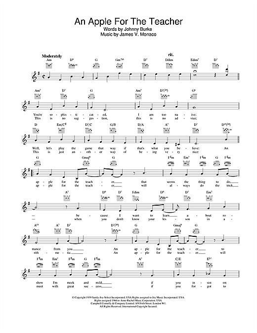 Preview Johnny Burke and James V. Monaco An Apple For The Teacher Pop sheet music, notes and chords for Melody Line, Lyrics & Chords, SKU: 25393 sheet music, piano notes, chords, guitar tabs, score, transpose, transcribe, how to play, guide, download, learn, tutorial, progression, song, artist, awards, billboard, mtv, vh1, tour, single, album, release