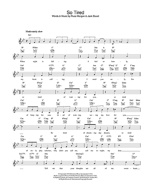 Preview Russ Morgan So Tired Pop sheet music, notes and chords for Melody Line, Lyrics & Chords, SKU: 25396 sheet music, piano notes, chords, guitar tabs, score, transpose, transcribe, how to play, guide, download, learn, tutorial, progression, song, artist, awards, billboard, mtv, vh1, tour, single, album, release