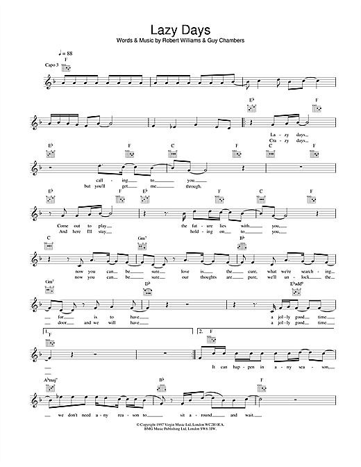 Preview Robbie Williams Lazy Days Pop sheet music, notes and chords for Melody Line, Lyrics & Chords, SKU: 25397 sheet music, piano notes, chords, guitar tabs, score, transpose, transcribe, how to play, guide, download, learn, tutorial, progression, song, artist, awards, billboard, mtv, vh1, tour, single, album, release