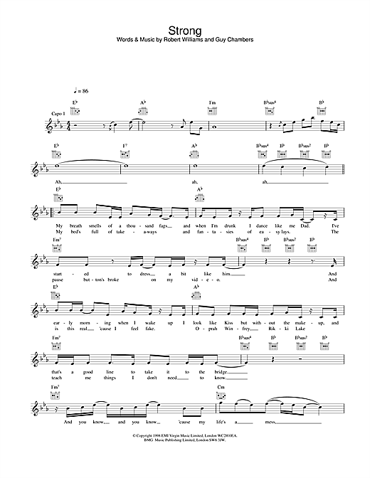 Preview Robbie Williams Strong Pop sheet music, notes and chords for Melody Line, Lyrics & Chords, SKU: 25398 sheet music, piano notes, chords, guitar tabs, score, transpose, transcribe, how to play, guide, download, learn, tutorial, progression, song, artist, awards, billboard, mtv, vh1, tour, single, album, release