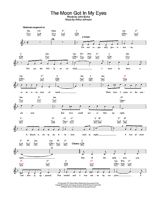 Preview Bing Crosby The Moon Got In My Eyes Easy Listening sheet music, notes and chords for Melody Line, Lyrics & Chords, SKU: 25400 sheet music, piano notes, chords, guitar tabs, score, transpose, transcribe, how to play, guide, download, learn, tutorial, progression, song, artist, awards, billboard, mtv, vh1, tour, single, album, release