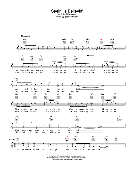 Preview Lew Stone Seein' Is Believin' Easy Listening sheet music, notes and chords for Melody Line, Lyrics & Chords, SKU: 25401 sheet music, piano notes, chords, guitar tabs, score, transpose, transcribe, how to play, guide, download, learn, tutorial, progression, song, artist, awards, billboard, mtv, vh1, tour, single, album, release