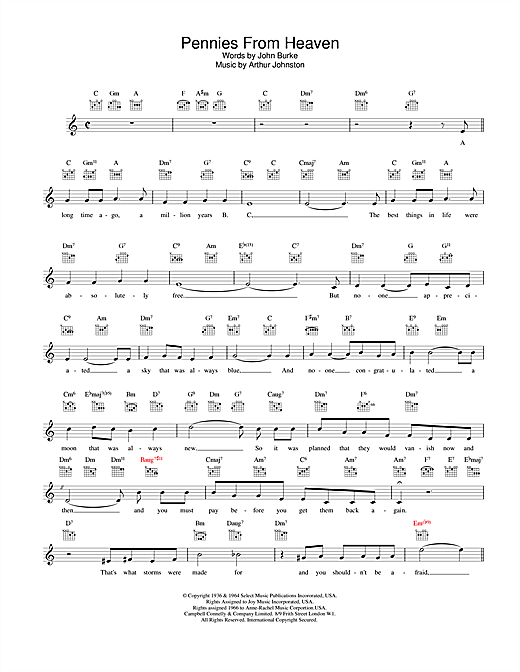 Preview Bing Crosby Pennies From Heaven Easy Listening sheet music, notes and chords for Melody Line, Lyrics & Chords, SKU: 25402 sheet music, piano notes, chords, guitar tabs, score, transpose, transcribe, how to play, guide, download, learn, tutorial, progression, song, artist, awards, billboard, mtv, vh1, tour, single, album, release