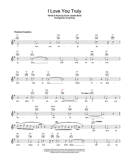 Preview Bing Crosby I Love You Truly Easy Listening sheet music, notes and chords for Melody Line, Lyrics & Chords, SKU: 25405 sheet music, piano notes, chords, guitar tabs, score, transpose, transcribe, how to play, guide, download, learn, tutorial, progression, song, artist, awards, billboard, mtv, vh1, tour, single, album, release