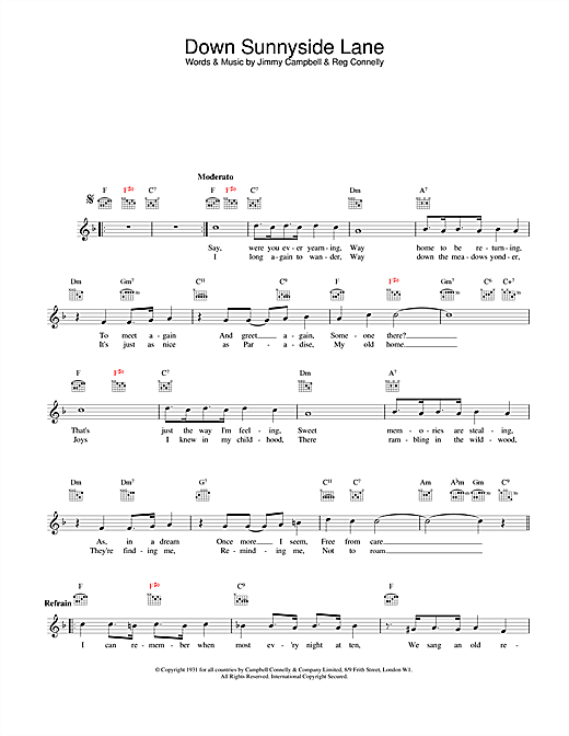 Preview Jimmy Campbell and Reg Connelly Down Sunnyside Lane Jazz sheet music, notes and chords for Melody Line, Lyrics & Chords, SKU: 25407 sheet music, piano notes, chords, guitar tabs, score, transpose, transcribe, how to play, guide, download, learn, tutorial, progression, song, artist, awards, billboard, mtv, vh1, tour, single, album, release