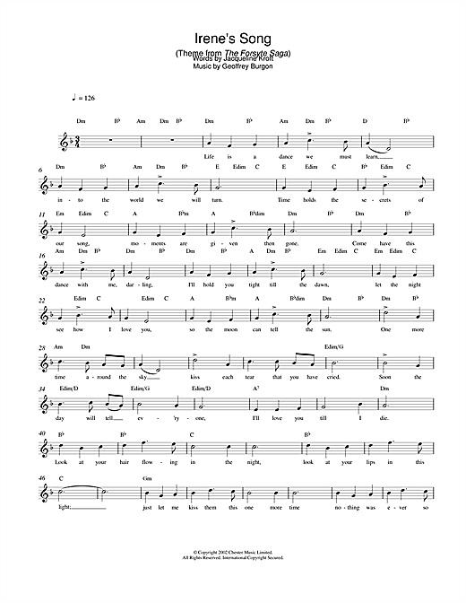 Preview Bryn Terfel Irene's Song (theme from The Forsyte Saga) Classical sheet music, notes and chords for Melody Line, Lyrics & Chords, SKU: 25409 sheet music, piano notes, chords, guitar tabs, score, transpose, transcribe, how to play, guide, download, learn, tutorial, progression, song, artist, awards, billboard, mtv, vh1, tour, single, album, release