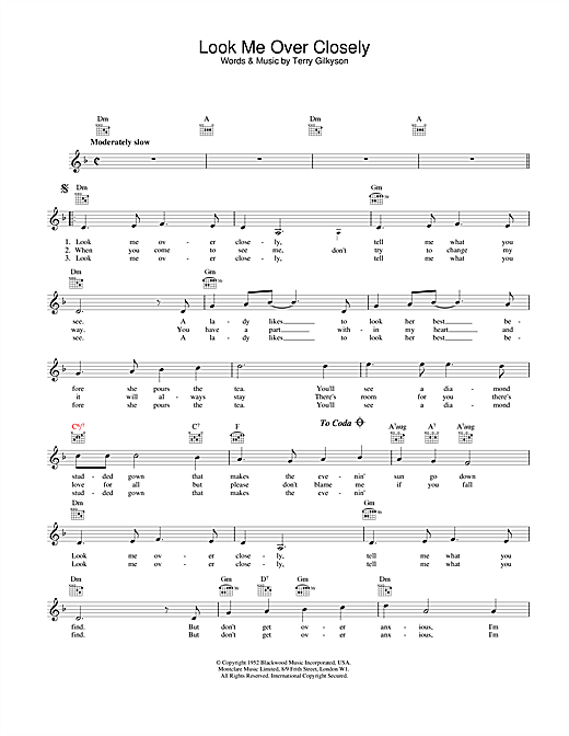 Preview Marlene Dietrich Look Me Over Closely Musicals sheet music, notes and chords for Melody Line, Lyrics & Chords, SKU: 25410 sheet music, piano notes, chords, guitar tabs, score, transpose, transcribe, how to play, guide, download, learn, tutorial, progression, song, artist, awards, billboard, mtv, vh1, tour, single, album, release