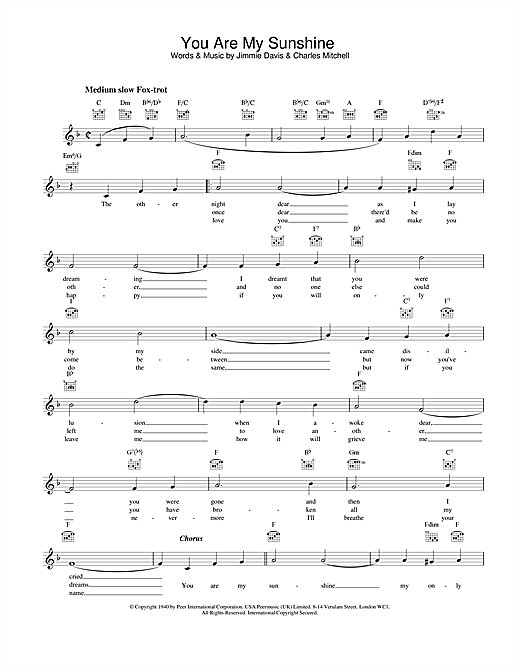 Preview Bing Crosby You Are My Sunshine Easy Listening sheet music, notes and chords for Melody Line, Lyrics & Chords, SKU: 25412 sheet music, piano notes, chords, guitar tabs, score, transpose, transcribe, how to play, guide, download, learn, tutorial, progression, song, artist, awards, billboard, mtv, vh1, tour, single, album, release
