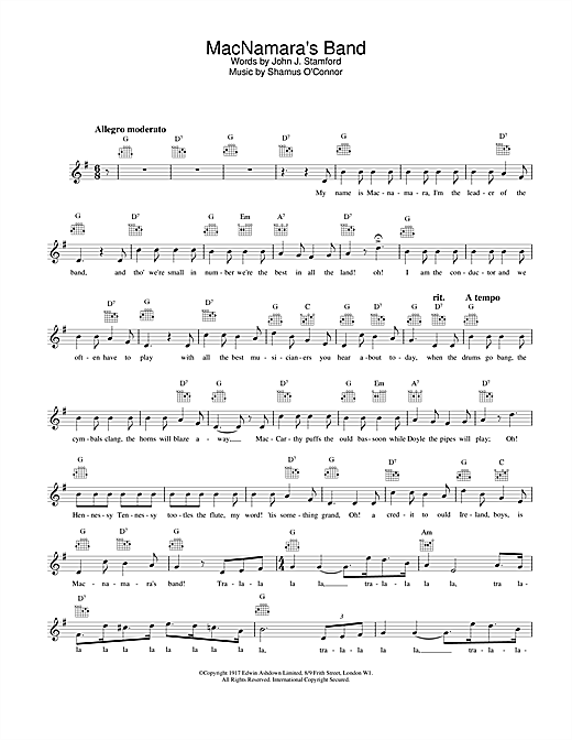 Preview Bing Crosby MacNamara's Band Easy Listening sheet music, notes and chords for Melody Line, Lyrics & Chords, SKU: 25415 sheet music, piano notes, chords, guitar tabs, score, transpose, transcribe, how to play, guide, download, learn, tutorial, progression, song, artist, awards, billboard, mtv, vh1, tour, single, album, release