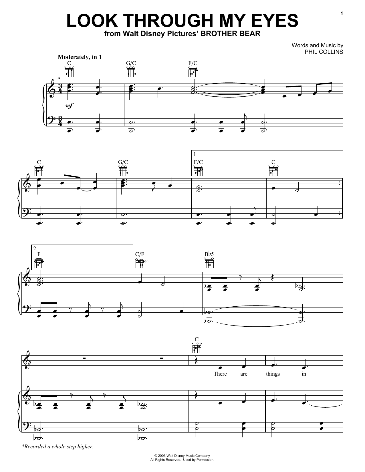 Preview Phil Collins Look Through My Eyes Pop sheet music, notes and chords for Piano, Vocal & Guitar (Right-Hand Melody), SKU: 25418 sheet music, piano notes, chords, guitar tabs, score, transpose, transcribe, how to play, guide, download, learn, tutorial, progression, song, artist, awards, billboard, mtv, vh1, tour, single, album, release